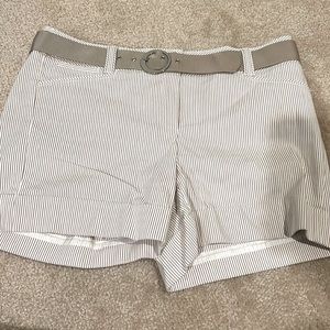 WHBM hunter green and white pinstripe shorts with belt